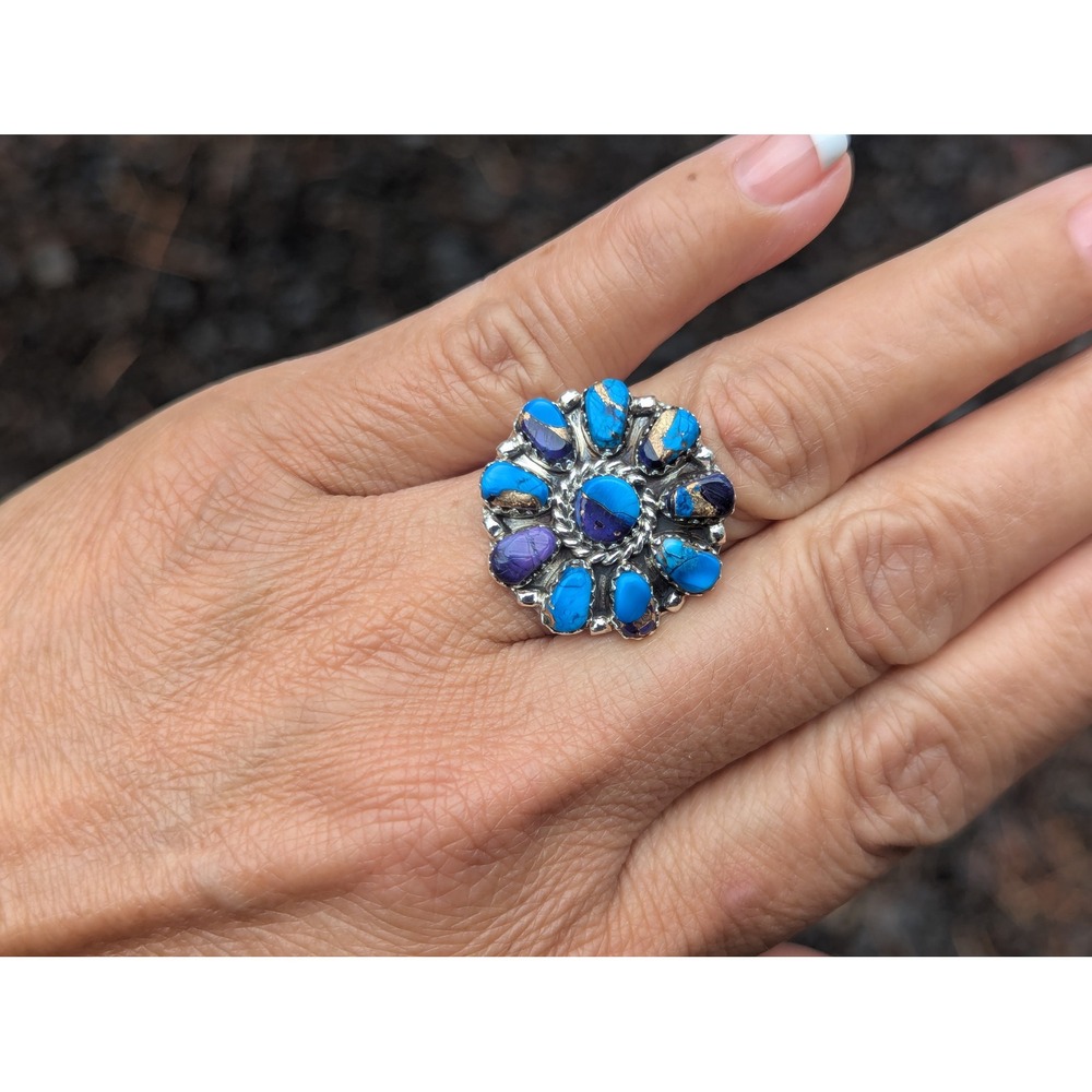 Navajo Deep Turquoise Cluster Ring Blue Handcrafted Jewelry Sz 7.75 US ***‎